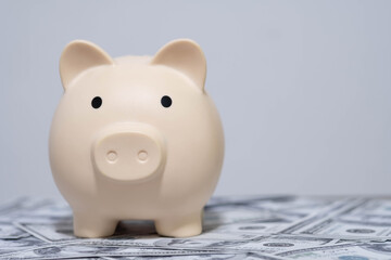 Piggy bank on US dollar bills symbolizes saving money, personal finance, investment planning, and financial security for future growth and economic stability.