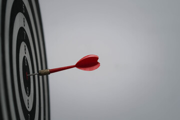 Side view of red dart hitting bullseye on target board symbolizes precision, clear goal setting, accuracy, business strategy, and achievement in personal or professional success.