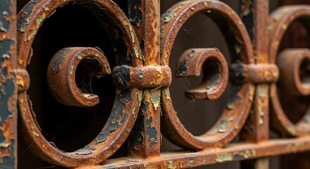 Close-up of ornate rusty metalwork showing weathered texture and intricate detailing