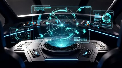 Futuristic control room with holographic displays and data visualizations - Powered by Adobe