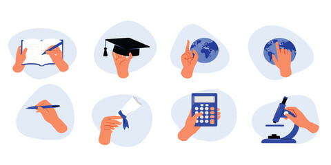 Set of vector icons with hands representing education, science, and learning concepts