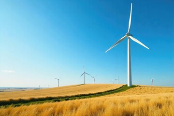 A majestic wind turbine farm gracefully turns in a vast, open field under a bright blue sky, harnessing the power of nature for clean energy generation , generator, sustainable energy