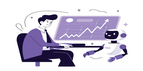 Businessman and AI robot analyzing a financial growth chart on a screen