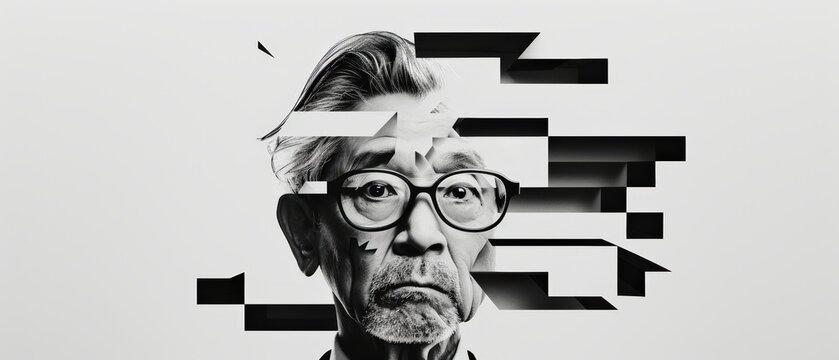 Senior Asian man with glasses in a fragmented portrait Conceptual image of identity, memory loss, and digital disruption in black and white