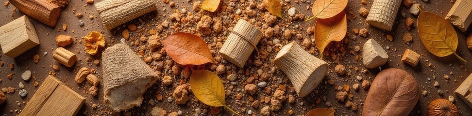 A messy pile of various brown materials on a brown background; textures include burlap, wood shavings, and dried leaves creating a rustic, earthy composition , natural materials, rustic background