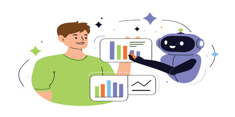 Man and Robot Analyzing Data A Business and Technology Illustration