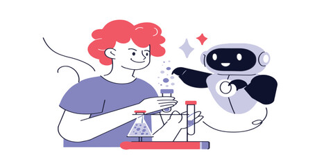 Young scientist with a robot assistant in a chemistry laboratory illustration