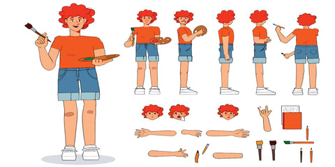 Illustration of an artist with art supplies and character poses