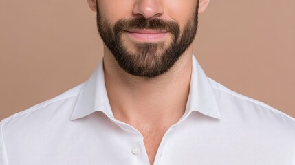 Obraz premium Confident young man with a well-groomed beard and friendly smile against a neutral background in a studio setting
