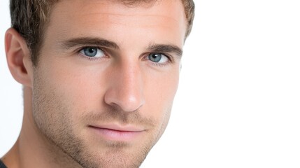 Obraz premium Close-Up Portrait of a Young Man with Short Hair and Blue Eyes Against a White Background