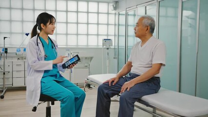 female doctor showing medical results on tablet to senior male patient, healthcare consultation, modern clinic interior, professional medical examination, patient care - Powered by Adobe
