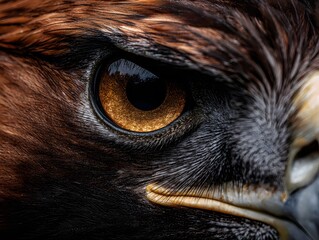 detail showcases the intense gaze of a raptor, revealing intricate feather texture and golden eye color.