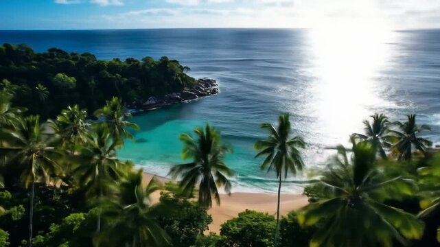 Aerial view of a stunning tropical beach with turquoise water and lush greenery, perfect for