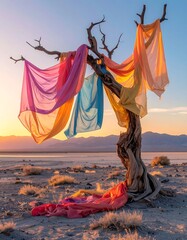 Dried tree adorned with colorful fabric against a desert sunset