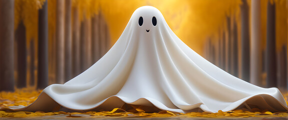 Smiling ghost in golden autumn forest. Cute white ghost under fall colored sky. Halloween illustration of ghost in warm forest. Adorable ghost character draped in white cloth.