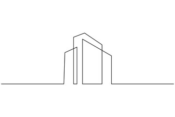 Office building single line art minimalist outline drawing isolated on white background