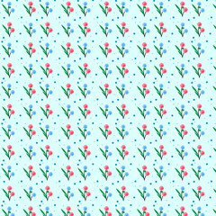 Seamless Floral Pattern with Pink and Blue Flowers on Light Blue Background