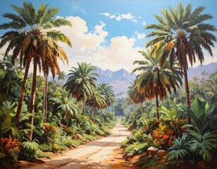 Fototapeta premium Vibrant Tropical Road Through Lush Palms