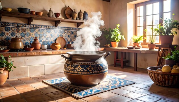 Steaming pot on patterned mat in sunlit rustic kitchen with blue tile backsplash