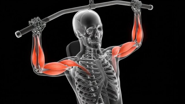 Animated 3D Skeleton Demonstrates Lat Pulldown Exercise, Highlighting Muscle Engagement and Anatomy