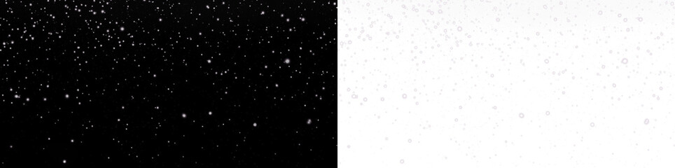 Black and white PNG overlay featuring scattered snowflakes on contrasting backgrounds, ideal for winter-themed designs and creative projects with copy space