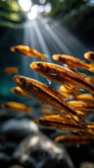 Schools of Vibrant Orange Fish Swimming Gracefully in Clear Underwater Environment with Sunlight Shining Through Water Surface