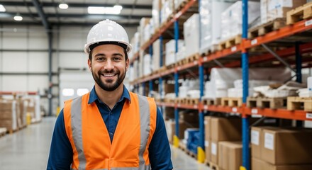 Warehouse worker smiles while standing in an organized storage area during daylight hours