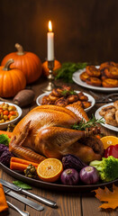 Roasted turkey centerpiece on a platter with vegetables, pumpkins, and a candle, symbolizing a holiday feast and celebration, perfect for Thanksgiving