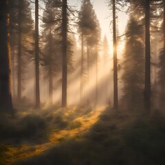 Tranquil sunbeams filtering through majestic trees in enchanting foggy forest