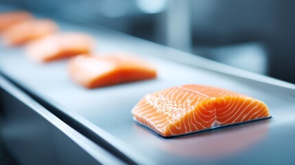 Bright orange salmon fillets travel on a conveyor belt in a seafood processing facility. Workers are focused on ensuring quality and proper handling during the bustling production period
