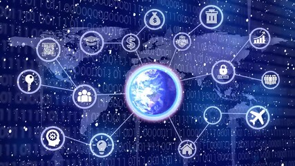 Digital animation of spinning globe with network of connections icons against clouds in the sky - Powered by Adobe