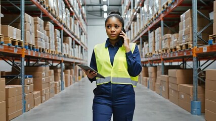 female warehouse worker in safety vest holding tablet and talking on phone, surrounded by tall shelves full of boxes, logistics warehouse interior