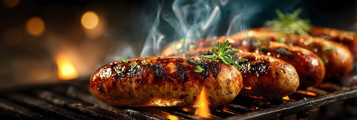 Mouth-watering, close-up photograph of several thick, juicy sausages grilling over hot charcoal, with smoke rising from the barbecue grill.