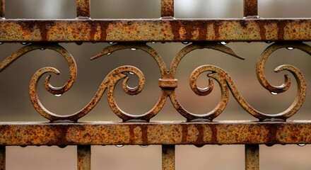 Close-up texture of ornate rusty metal gate with intricate scrollwork patterns