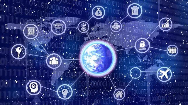 Digital animation of spinning globe with network of connections icons against clouds in the sky - Powered by Adobe