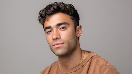 Obraz premium Confident Young Man with Curly Hair Posing Against a Neutral Background, Casual Style and Warm Expression Captured in Studio Lighting