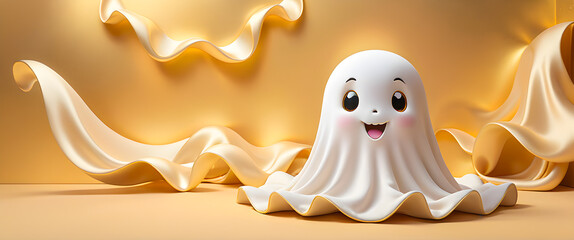 Cute friendly ghost character on golden background. Adorable ghost illustration with warm soft texture. Playful Halloween ghost in cozy golden tones.