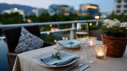 Fototapeta premium An inviting table setting awaits diners, featuring white wine, candles, and beautiful floral arrangements, perfect for an evening meal.