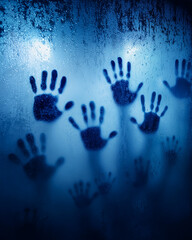 Handprints pressed against a fogged glass, creating an eerie atmosphere. The blue hue adds to the mysterious feel of the image. 