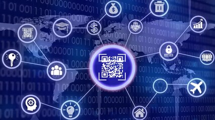 Animation of qr code glowing over data processing on screens - Powered by Adobe