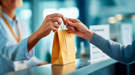 handoff of a neutral gift bag across a reception counter fingers only in frame background directory signage defocused high key light clean right margin corp