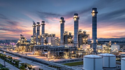 Fototapeta premium Petrochemical oil refinery by the ocean during golden hour with massive fuel storage tanks and refinery towers, industrial energy production and petroleum industry concept