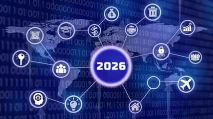 greeting card 2026 blue technology and digital theme, christmas and new year, festive atmosphere, number text - Powered by Adobe