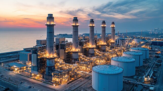 Modern oil refinery at sunset with storage tanks and smokestacks, industrial energy production facility by the sea, petrochemical plant infrastructure and global fuel supply concept
