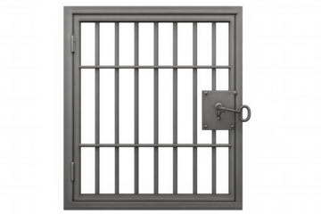 Prison cell door with metal bars, lock, and key, symbolizing security, confinement, and imprisonment on transparent background