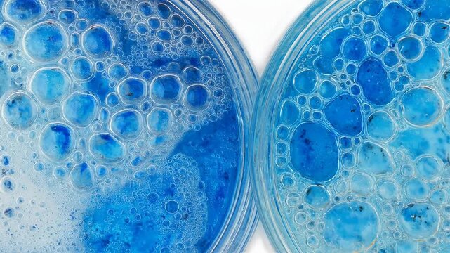 Blue soap bubbles glass dishes creating abstract liquid texture with circular foam soft reflection and scientific pattern evoking calm and curiosity
