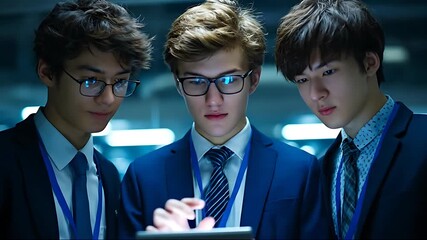 Three young businessmen in suits collaborating on a tablet device - Powered by Adobe