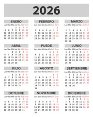 Classic vertical calendar for 2026 in Spanish for planning and organization. Days, weeks, and months. Template.