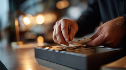 close crop of hands placing coins and a card into a minimal tray ledger book nearby background lamp defocused warm mood clear right third petty cash budget