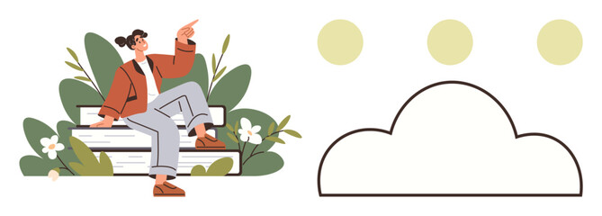 Woman sitting on stacked books surrounded by plants pointing at a large cloud with three dots above. Ideal for education, learning, mindfulness, creativity, brainstorming, imagination, simple flat